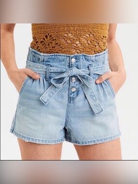 American Eagle Denim Paperbag Mom Shorts with Tie Belt